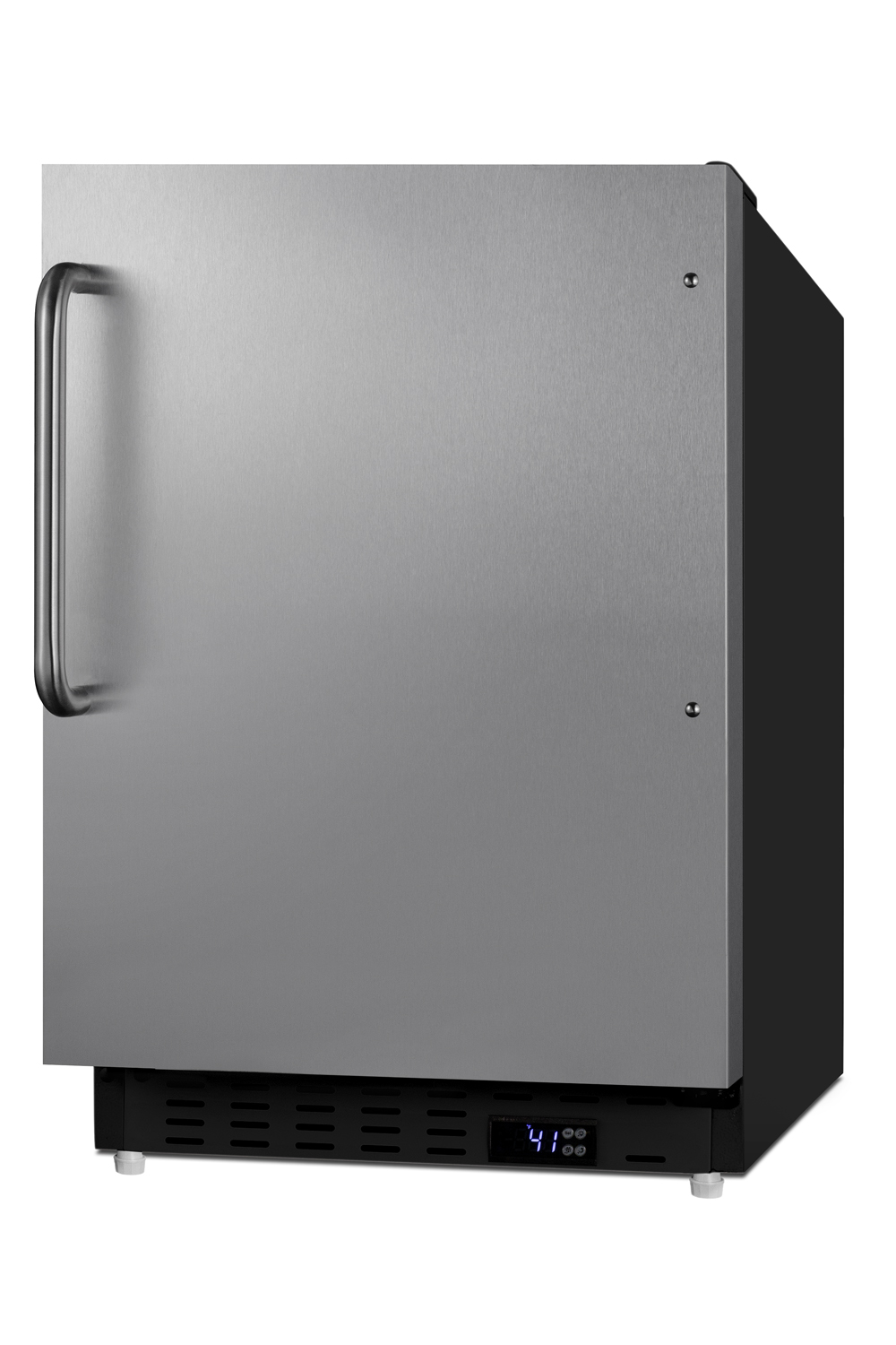 Built-in undercounter ADA compliant residential all-refrigerator with stainless steel door, black cabinet, and towel bar handle, with door storage and automatic defrost operation